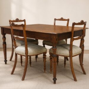 Vintage Mahogany Wood Dining Table and 4 Carved Crest Rails with Light Fabric Chairs