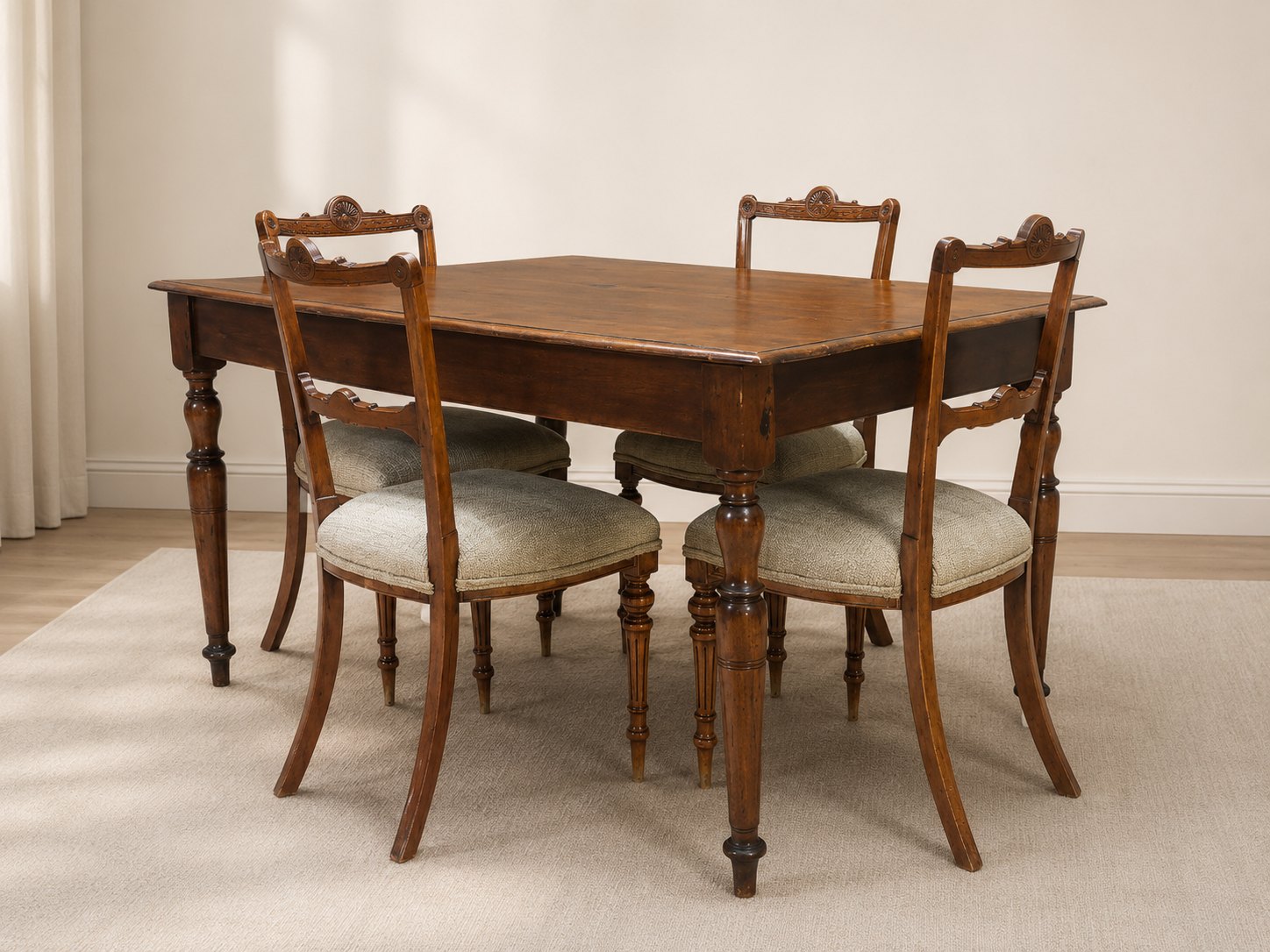 Vintage Mahogany Wood Dining Table and 4 Carved Crest Rails with Light Fabric Chairs