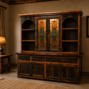 Rustic Reclaimed Sleeper Wood Buffet and Hutch Featuring Stained Glass Cabinet Doors and Open Display Shelving (200 x 52 x 204 cm)