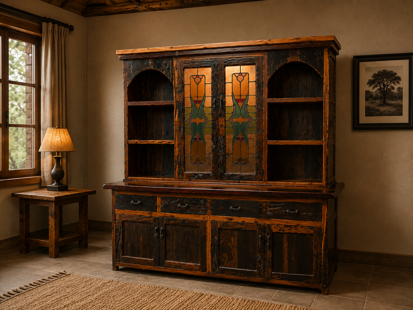 Rustic Reclaimed Sleeper Wood Buffet and Hutch Featuring Stained Glass Cabinet Doors and Open Display Shelving  (200 x 52 x 204 cm)