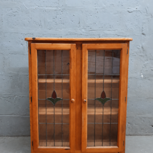 Wood and Glass Two-Door Display Cabinet with Leaded Glass Panels