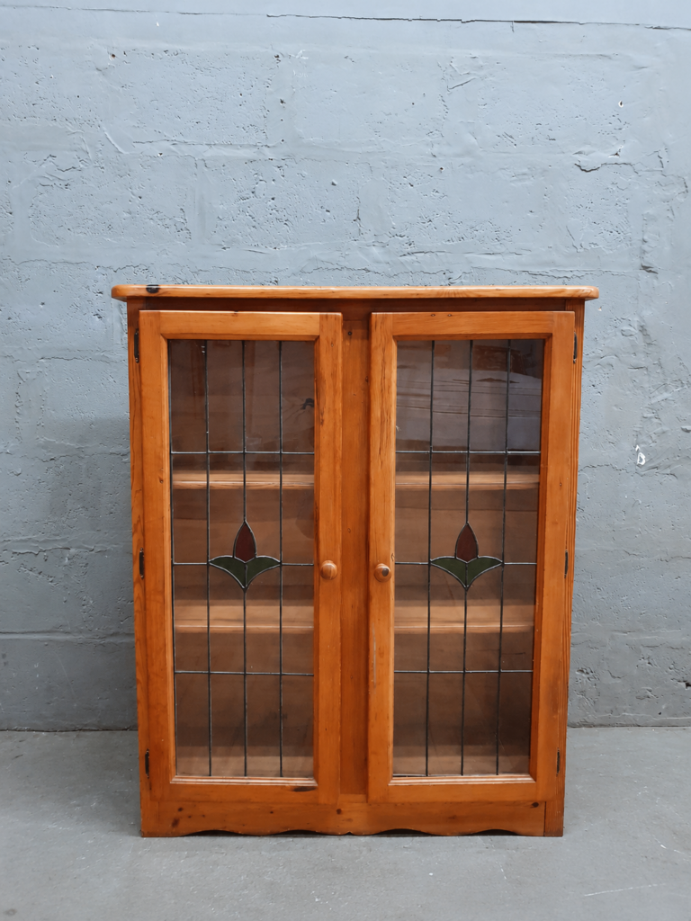 Wood and Glass Two-Door Display Cabinet with Leaded Glass Panels