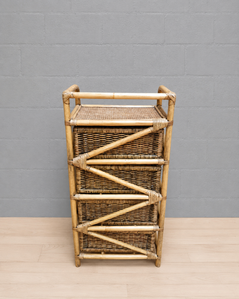 Narrow 3-Drawer Woven Chest — Light Brown Rattan/Wicker Look, Tubular Frame