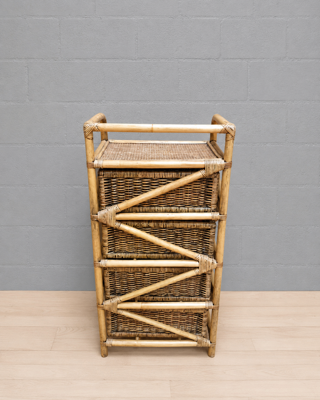 Narrow 3-Drawer Woven Chest — Light Brown Rattan/Wicker Look, Tubular Frame
