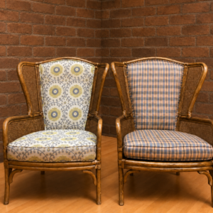 Pair of Upholstered Cane/Rattan Armchairs, High-Back, Mixed Upholstery (2)