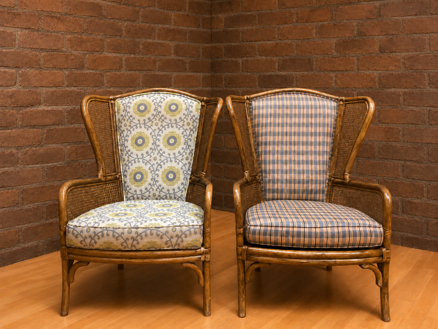 Pair of Upholstered Cane/Rattan Armchairs, High-Back, Mixed Upholstery (2)