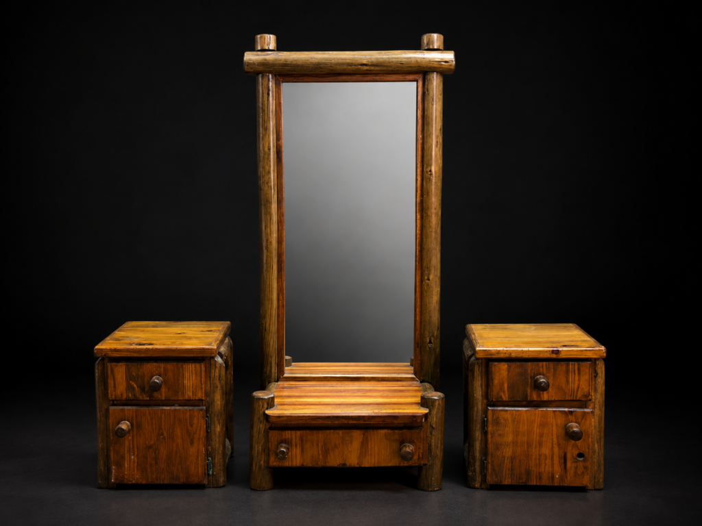 Three-piece dressing cabinet with mirror and two matching nightstands (3-piece set)