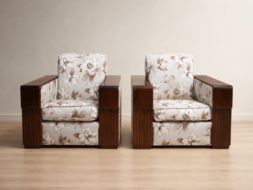 Pair of  Newly Upholstered Art Deco Armchairs  – Floral Pattern, 87x85x76 cm
