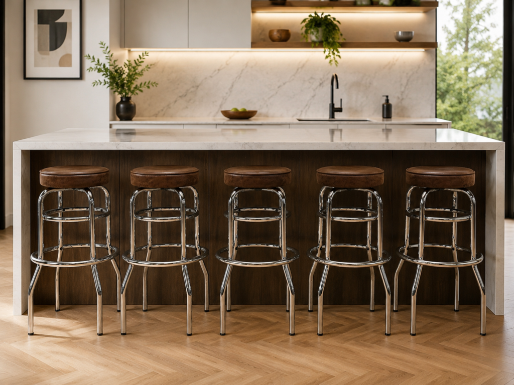 Set of 5 Chrome-Leg Bar Stools with Brown Upholstered Seats, H:78cm
