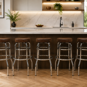 Set of 5 Chrome-Leg Bar Stools with Brown Upholstered Seats, H:78cm