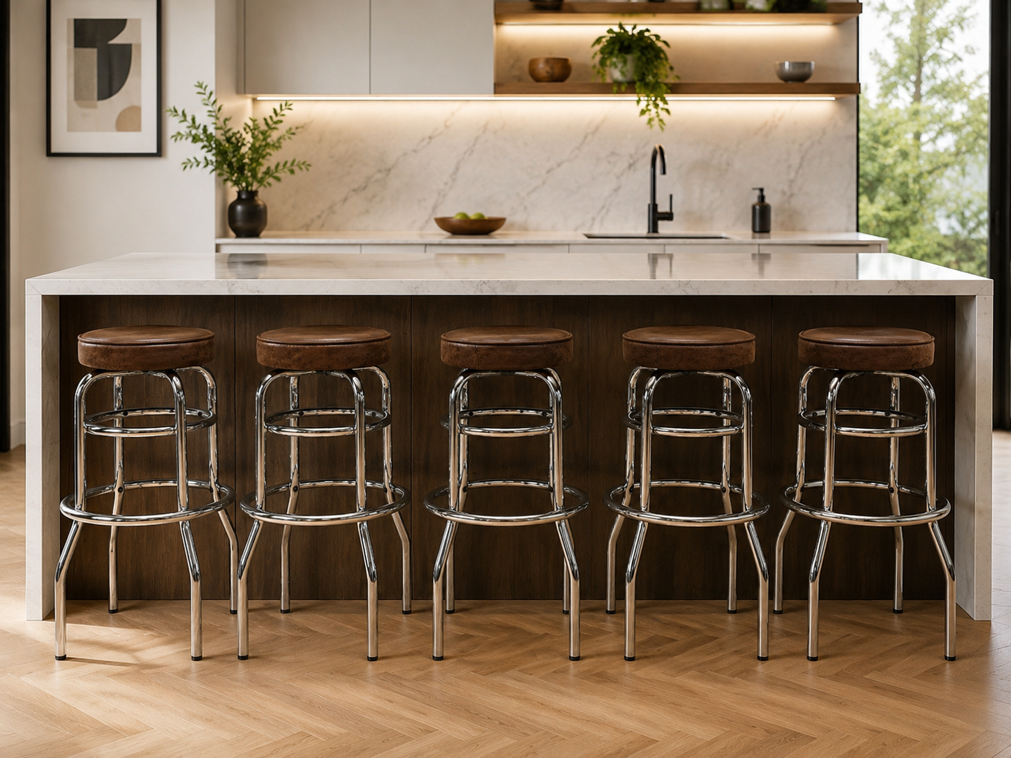 Set of 5 Chrome-Leg Bar Stools with Brown Upholstered Seats, H:78cm