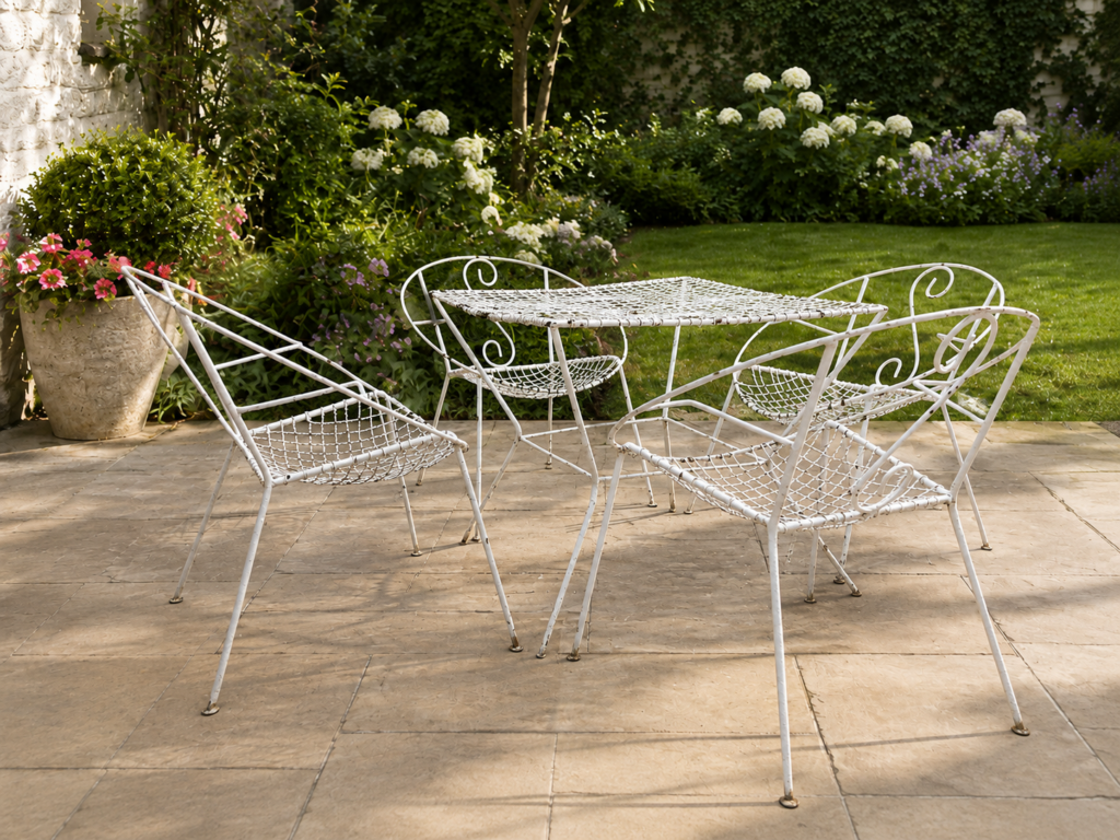 Five-piece White Metal Outdoor Patio Table & Chairs Set (1 table + 4 chairs)