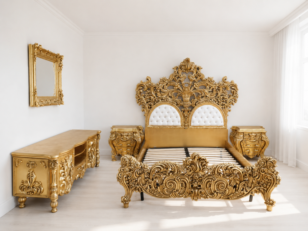 Ornate Gold-Coloured Bed Frame & Matching 5-Piece Bedroom Furniture Set