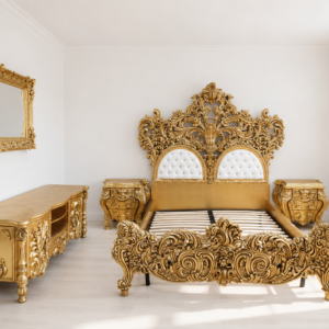 Ornate Gold-Coloured Bed Frame & Matching 5-Piece Bedroom Furniture Set
