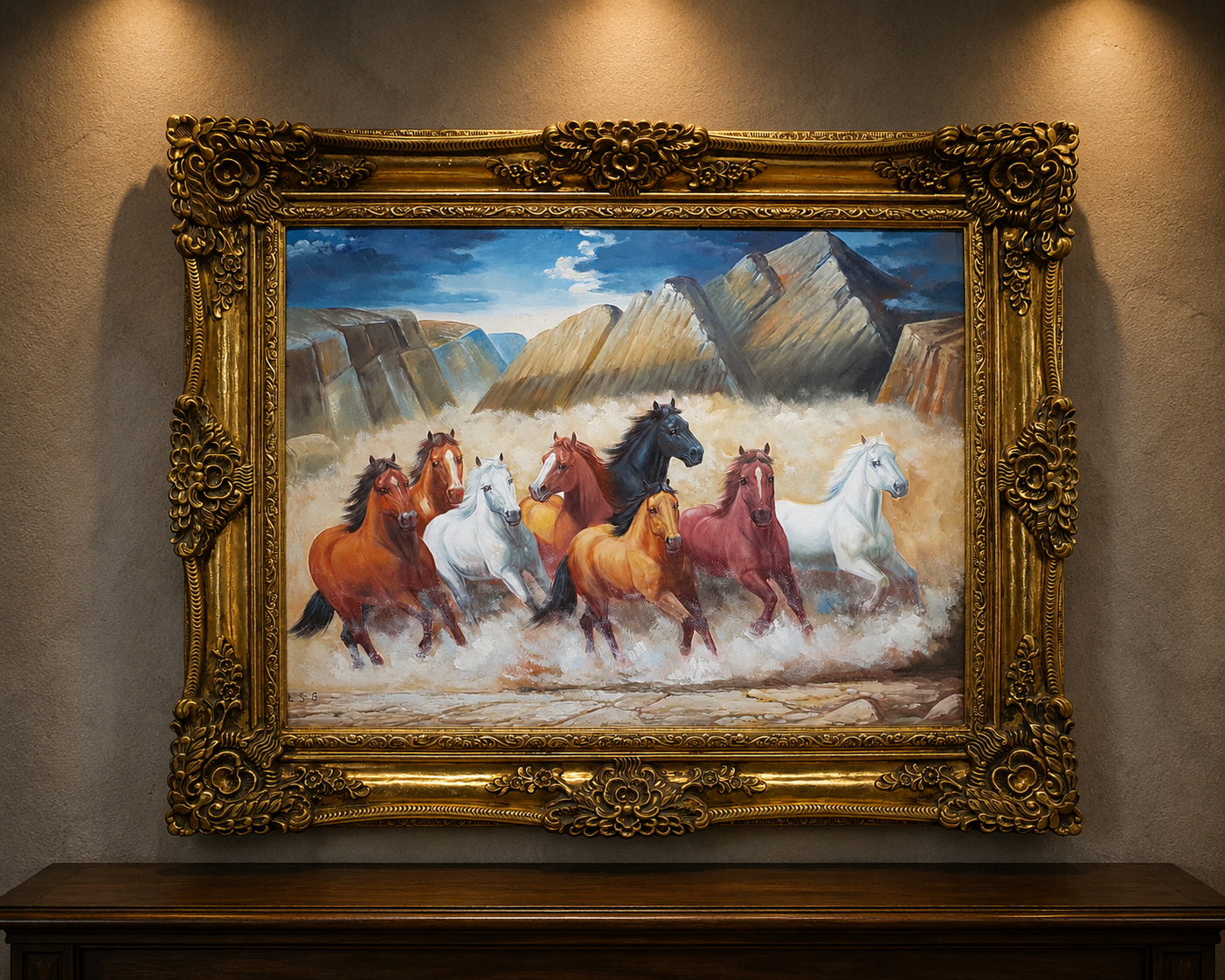 Large Framed Canvas Painting with Ornate Gold-Coloured Frame (157 x 125 cm)