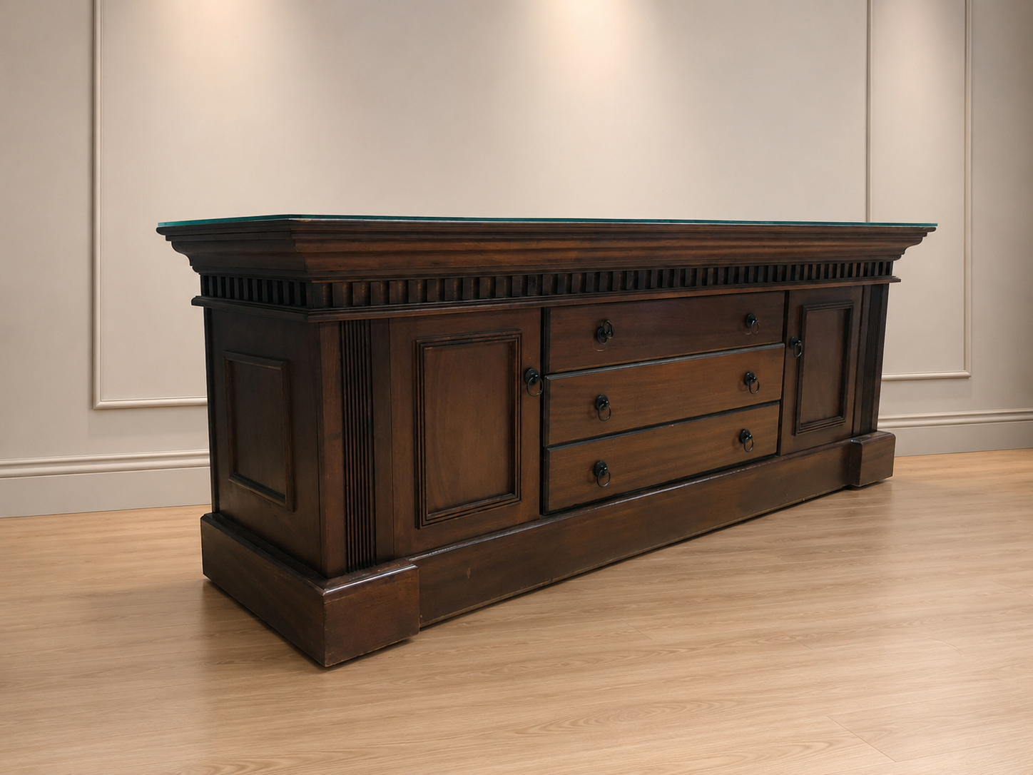 Large Dark Brown Low Cabinet / Sideboard with 3 Drawers & 2 Cupboards