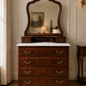 Dark Wood Dresser with Attached Mirror and White Top, 4 Drawers