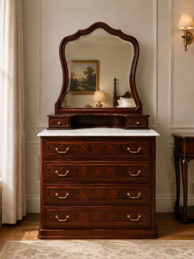 Dark Wood Dresser with Attached Mirror and White Top, 4 Drawers