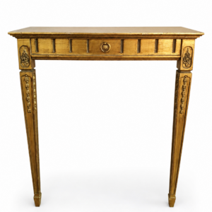 Narrow gilt-finish console table with single drawer, decorative legs (66 x 24 x 76 cm)