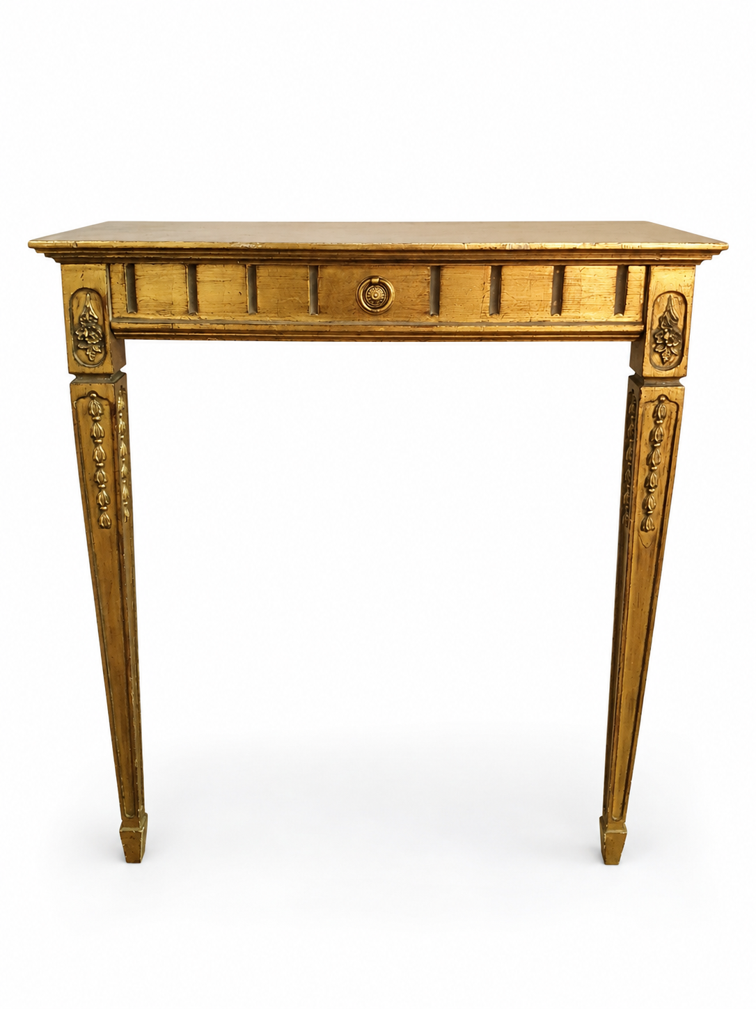 Narrow gilt-finish console table with single drawer, decorative legs (66 x 24 x 76 cm)