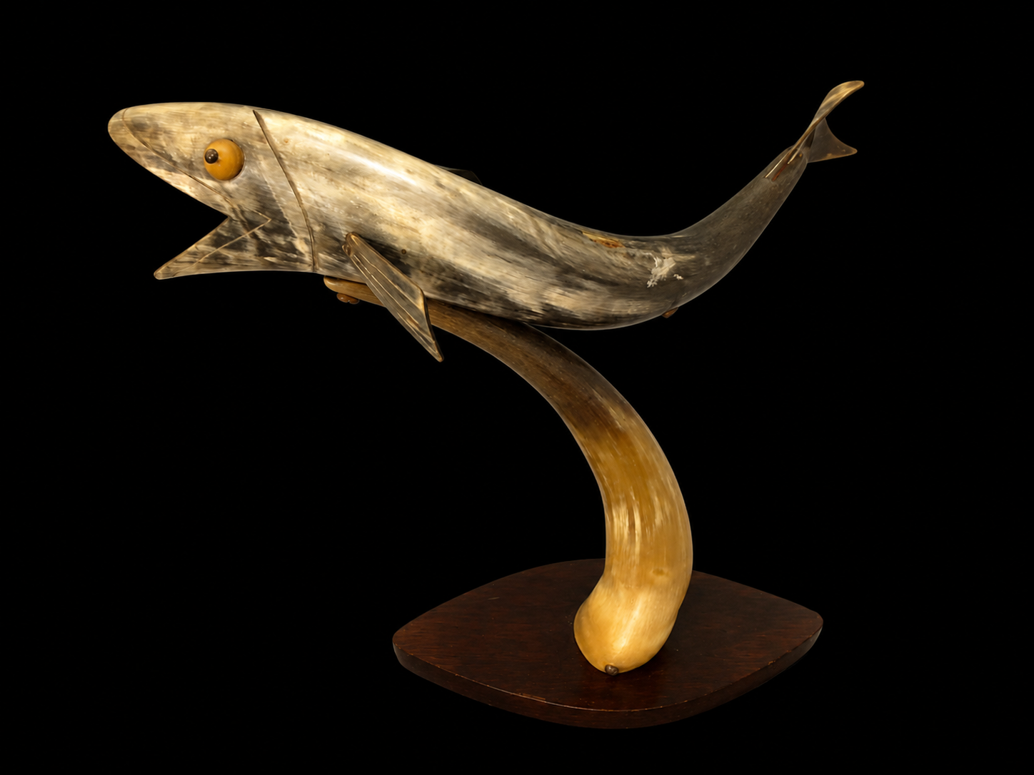 Decorative Fish Sculpture on Wooden Base — Horn-appearance, 30 cm