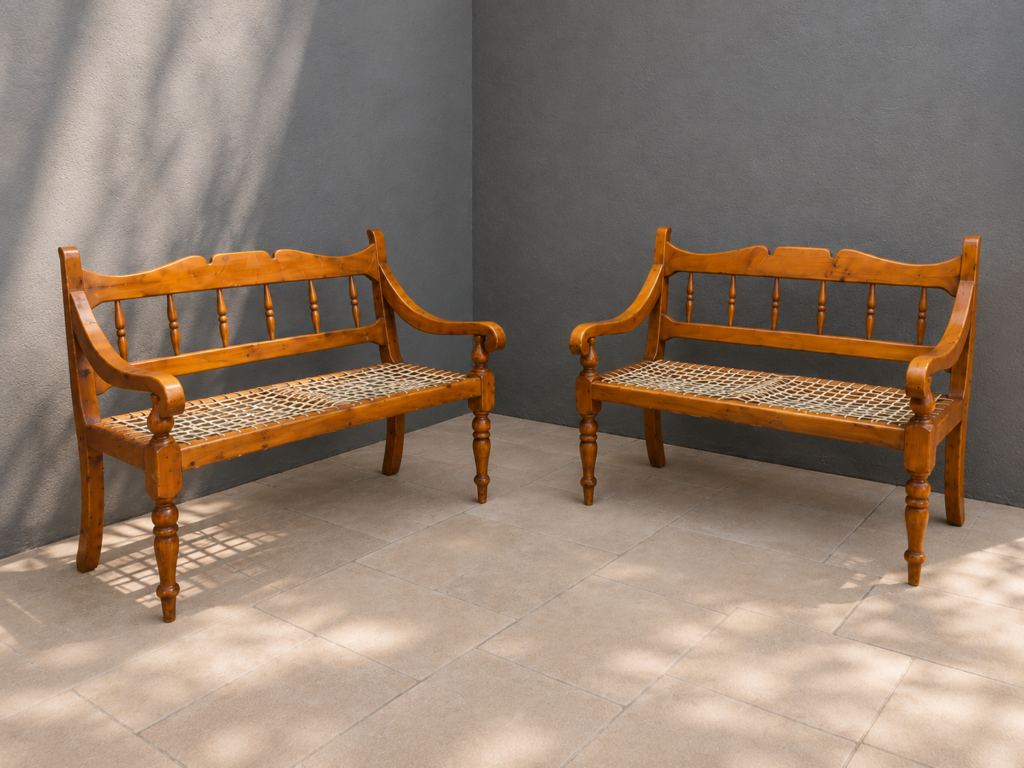 Pair of Wooden-Framed Benches with Woven Seat Webbing (Pair)