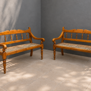 Pair of Wooden-Framed Benches with Woven Seat Webbing (Pair)