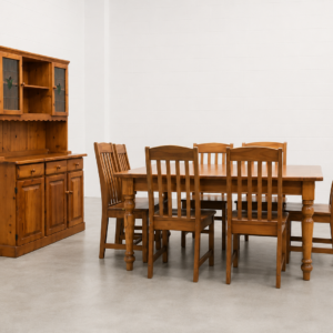 Dining table, buffet/hutch and 7 chairs – honey brown wood-finish set