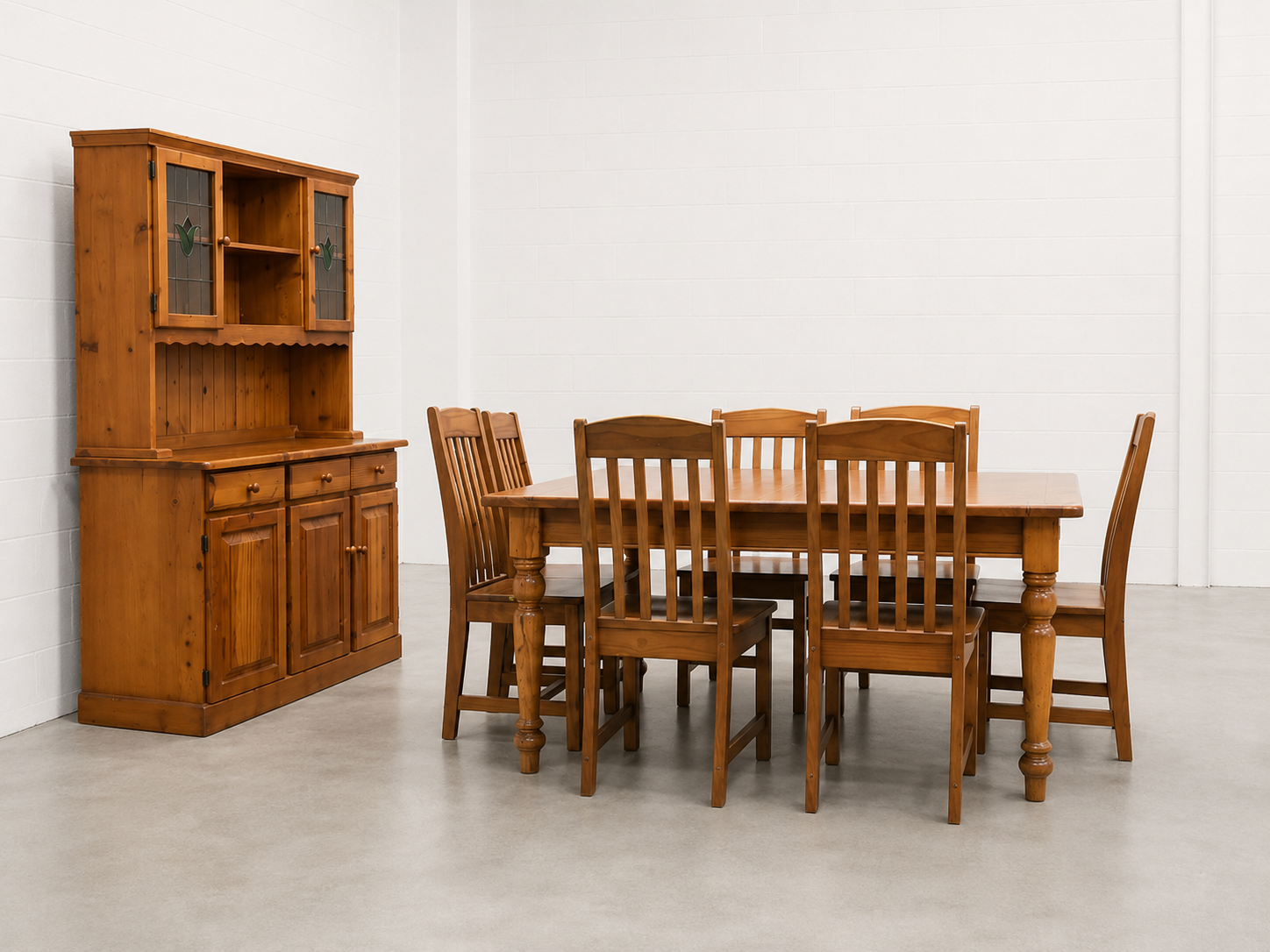 Dining table, buffet/hutch and 7 chairs – honey brown wood-finish set