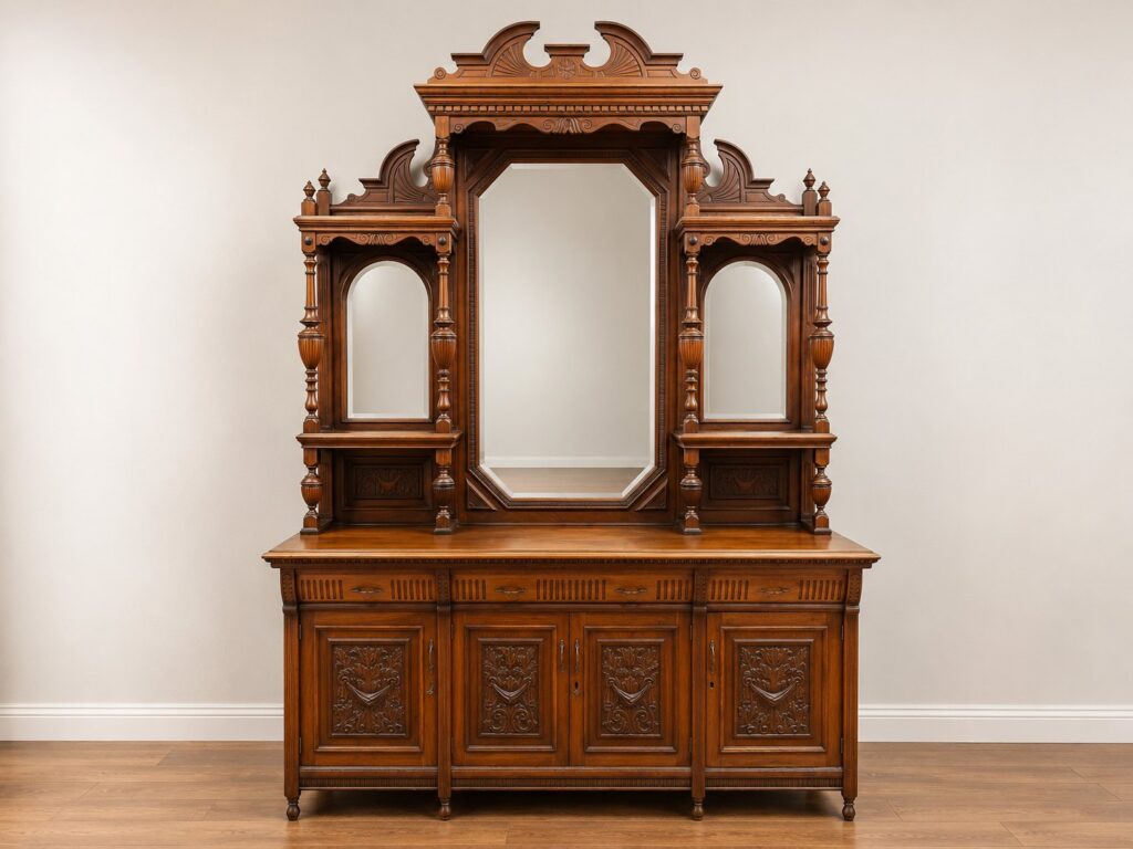 Large Ornately Carved Wooden Sideboard with Mirrored Back (216 x 65 x 295 cm)