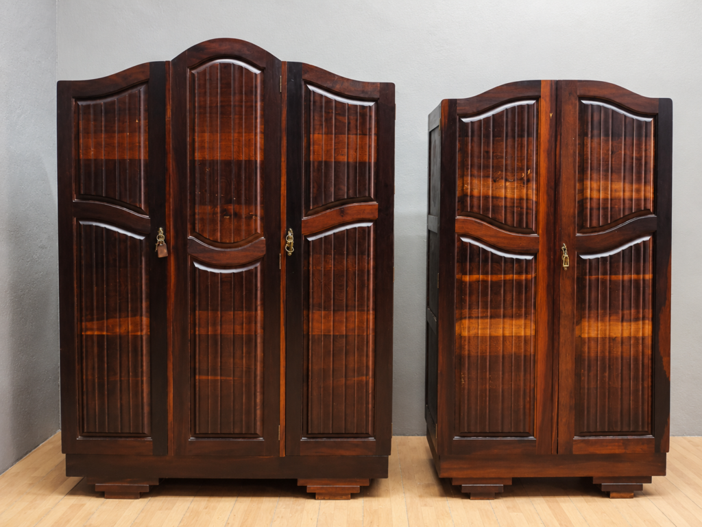 Pair of Dark-Brown Wooden Wardrobes — 2-piece set with drawers, hanging rails & keys