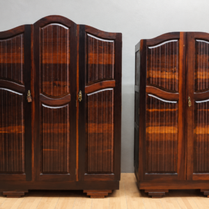 Pair of Dark-Brown Wooden Wardrobes — 2-piece set with drawers, hanging rails & keys