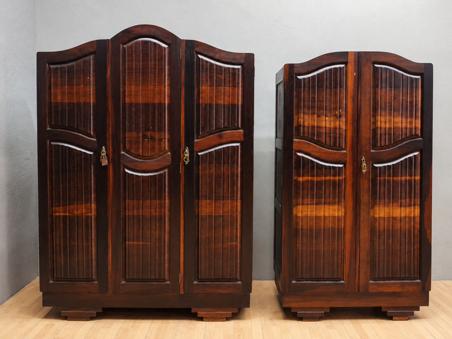 Pair of Dark-Brown Wooden Wardrobes — 2-piece set with drawers, hanging rails & keys