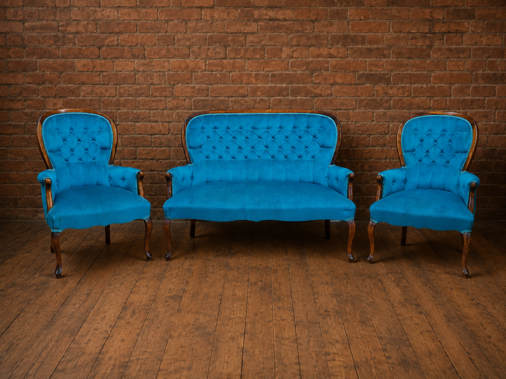 Bright Blue/Teal 3-Piece Upholstered Seating Set (Sofa + 2 Armchairs)