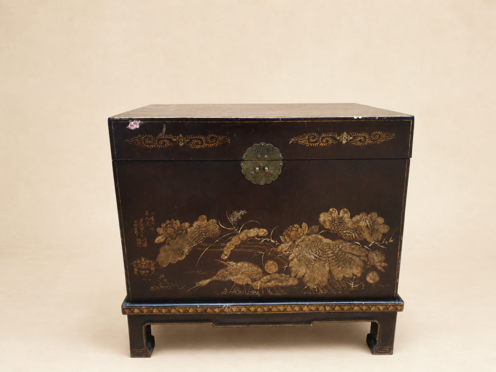 Chinese Lacquered Storage Chest on Stand, Dark Brown/Black with Gold Decoration 1960’s