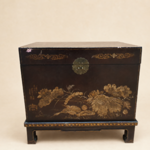 Chinese Lacquered Storage Chest on Stand, Dark Brown/Black with Gold Decoration 1960's