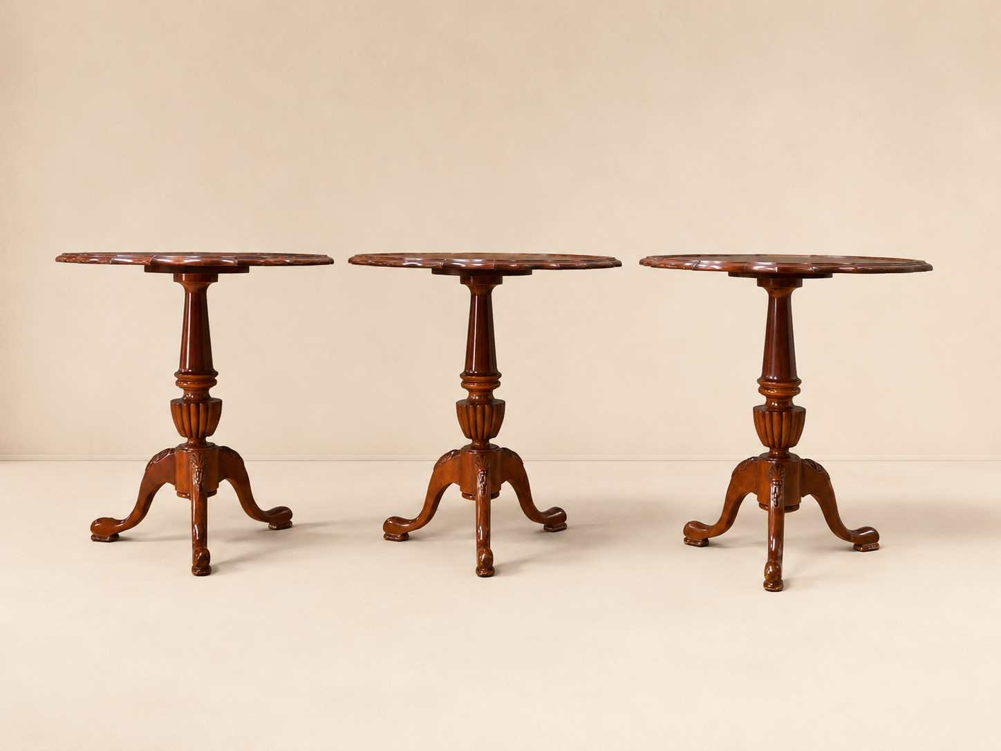 Set of 3 Round Pedestal Side Tables with Scalloped Edges and Tripod Bases