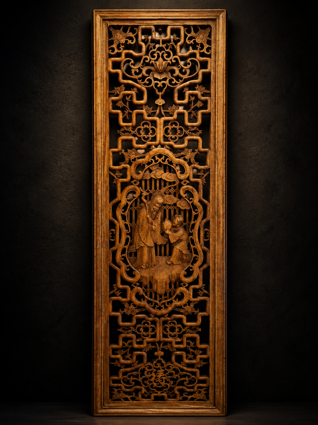 Carved wooden decorative panel, intricate fretwork — 100 x 30 cm