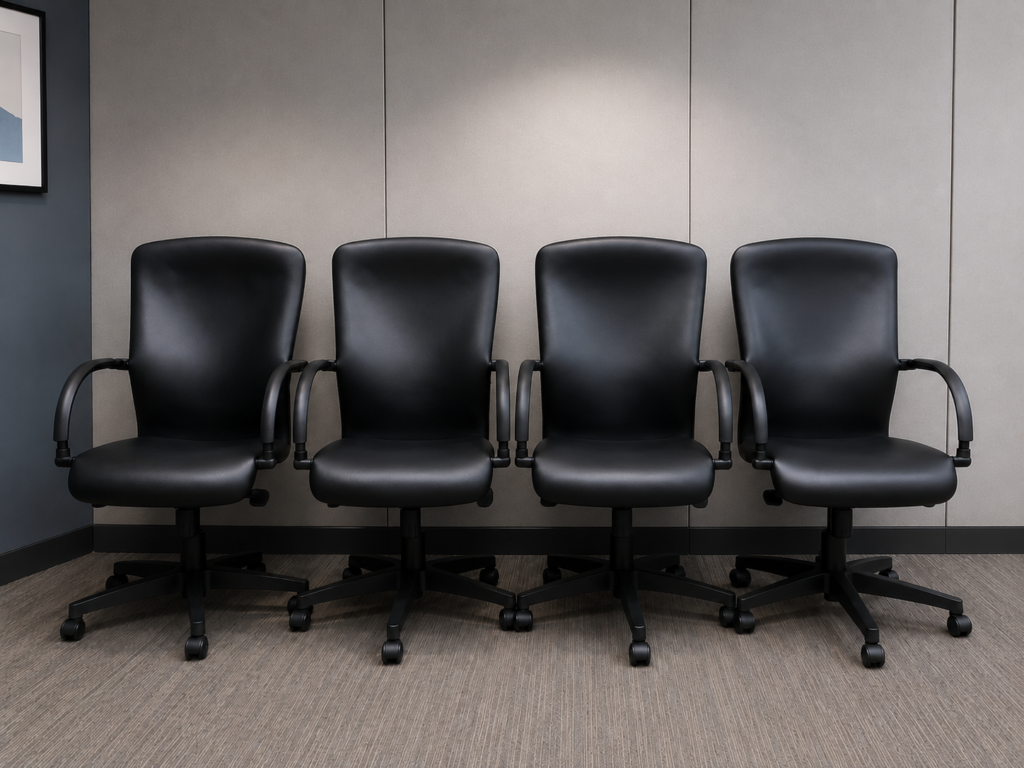 Set of 4 Black Office Chairs with Armrests & Five-Star Wheeled Bases