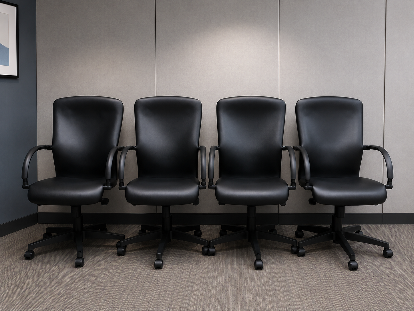 Set of 4 Black Office Chairs with Armrests & Five-Star Wheeled Bases