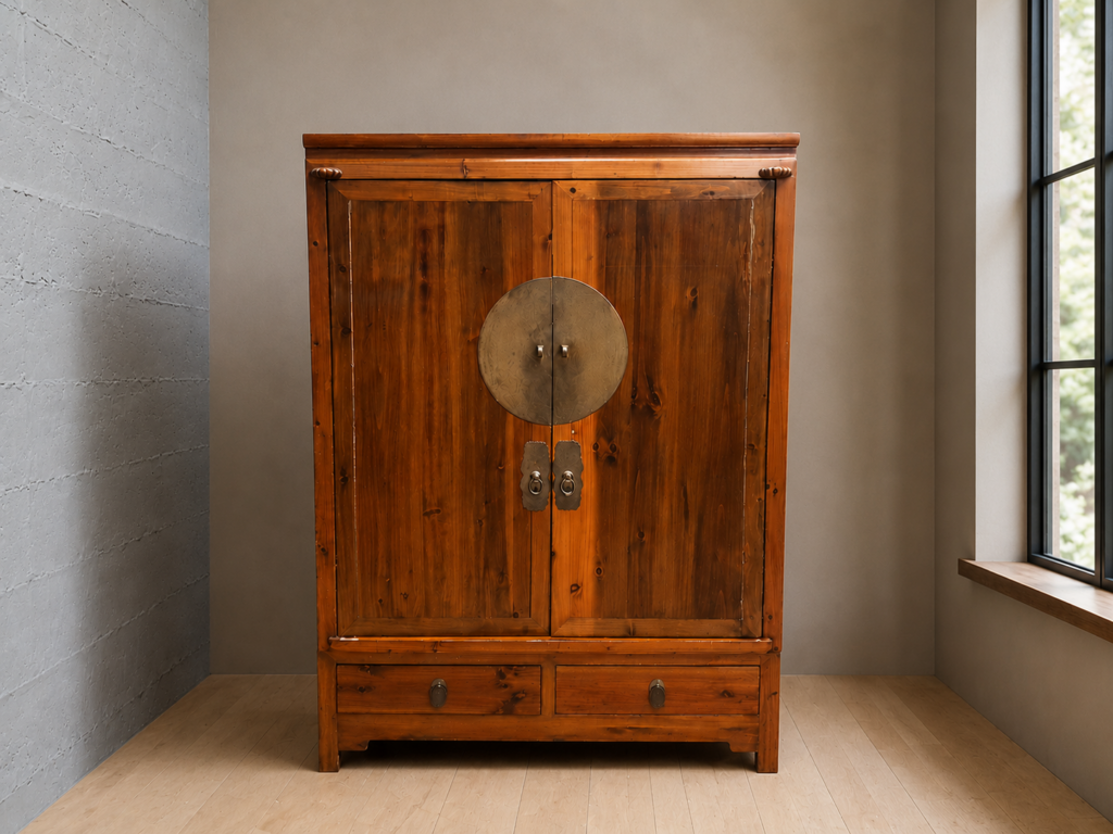 Wooden Two-Door Cabinet / Armoire with Drawers & Shelving