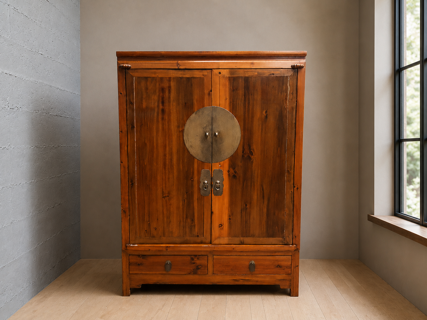 Wooden Two-Door Cabinet / Armoire with Drawers & Shelving