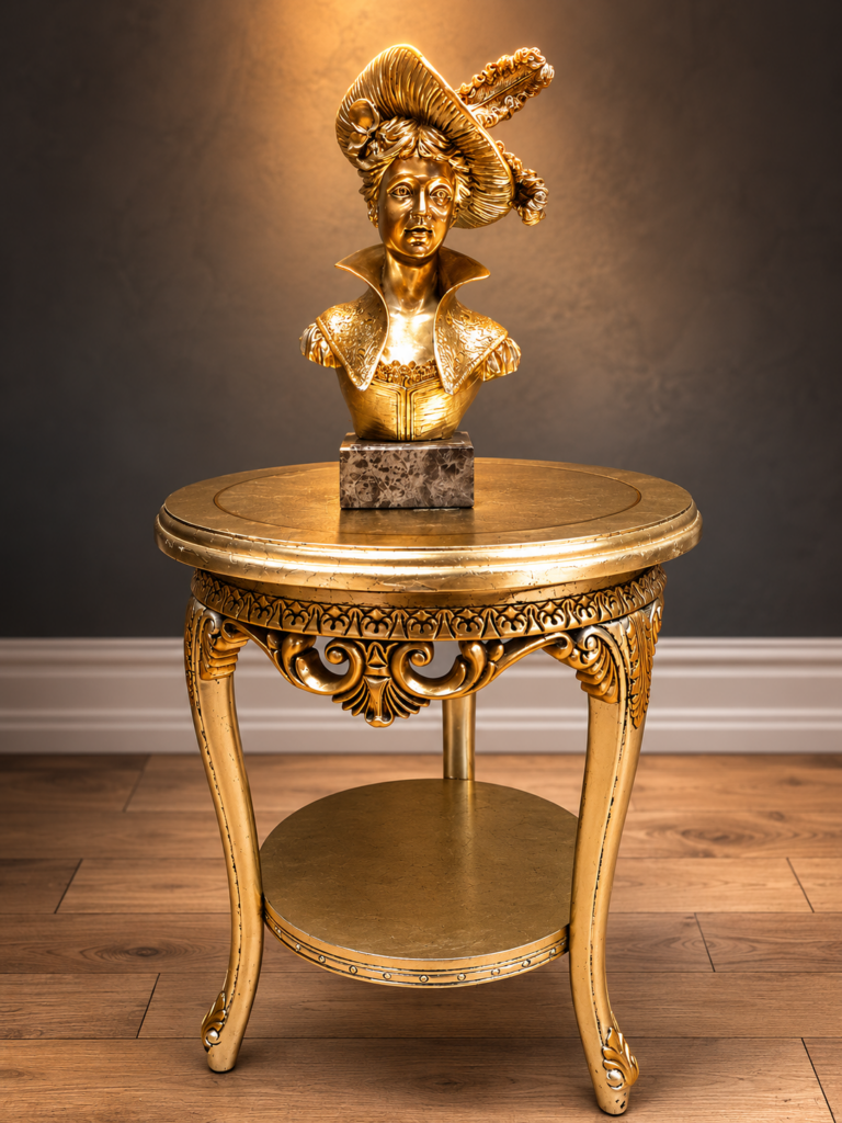 Gilt decorative bust with small round gilt side table (set)