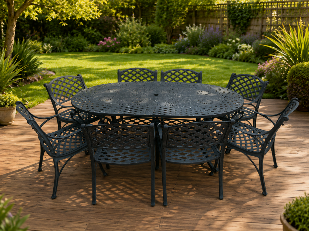 Outdoor Cast Iron Dining Table with 8 Matching Chairs — Dark Finish, Umbrella Hole