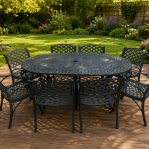 Outdoor Cast Iron Dining Table with 8 Matching Chairs — Dark Finish, Umbrella Hole