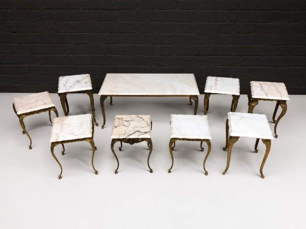 Set of 9 side & coffee tables — marble-style tops with gold-tone metal legs