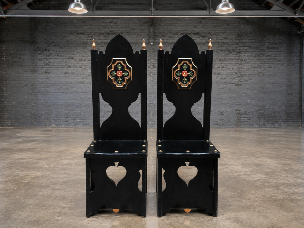 Pair of Gothic Revival/ Kings Throne Style High-Back Chairs with Decorative Finials