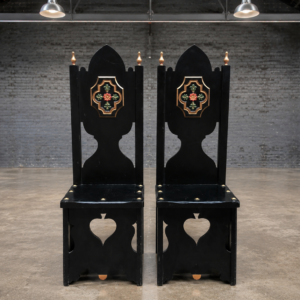 Pair of Gothic Revival/ Kings Throne Style High-Back Chairs with Decorative Finials