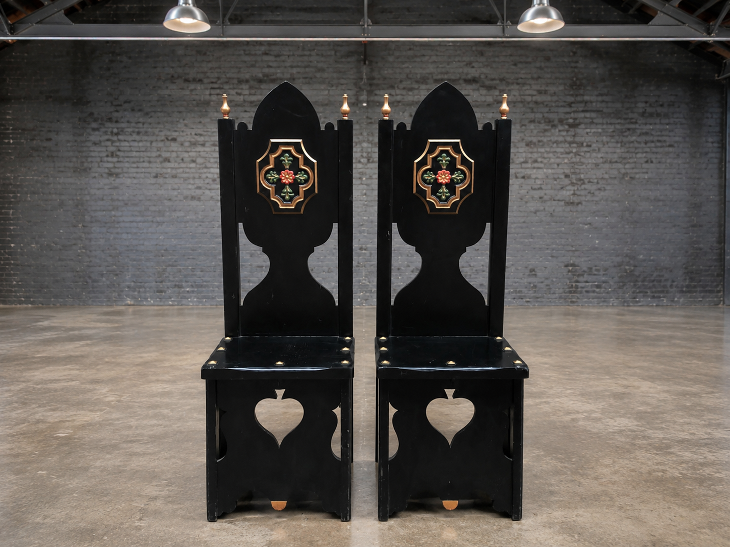 Pair of Gothic Revival/ Kings Throne Style High-Back Chairs with Decorative Finials