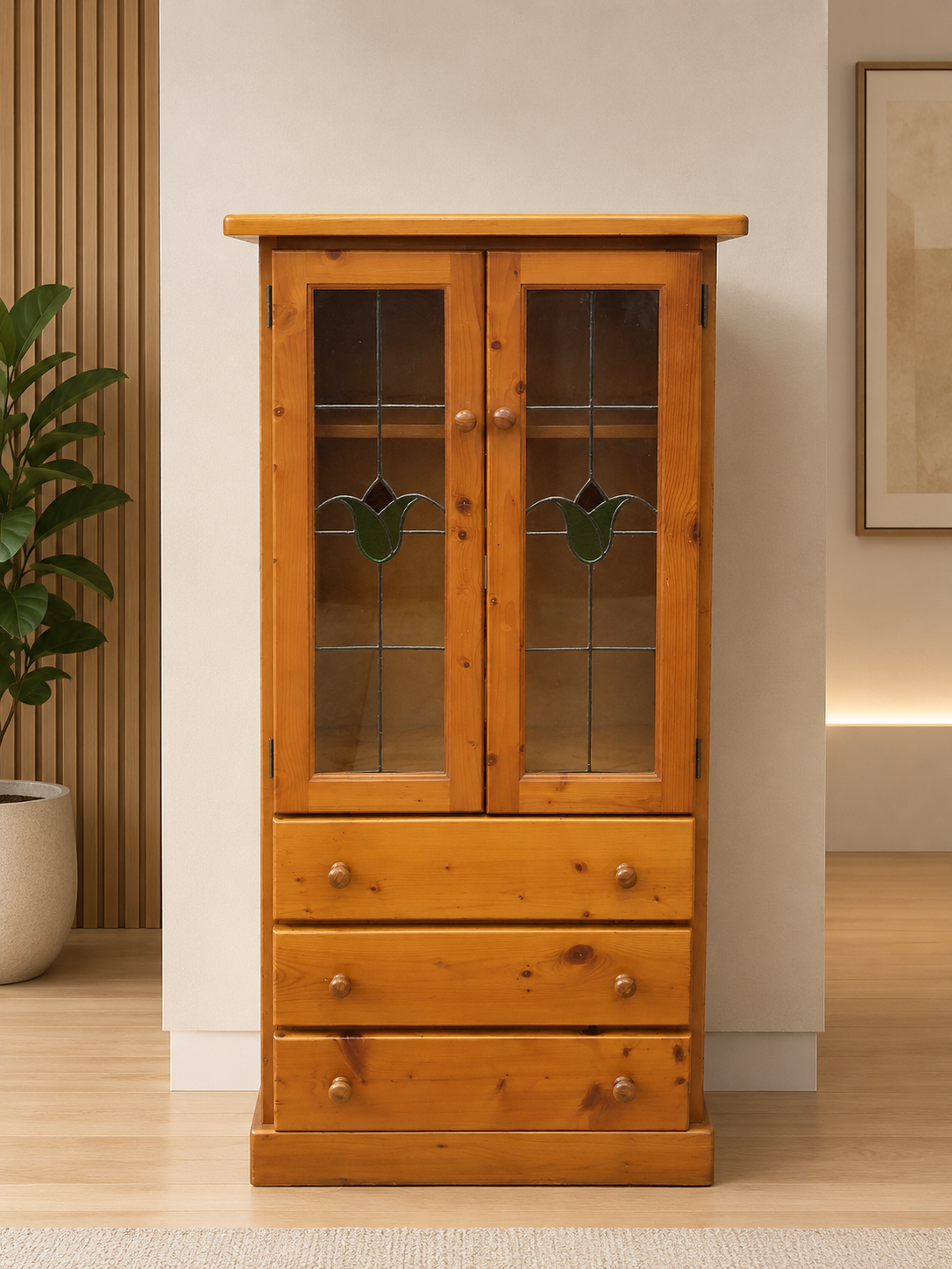 Tall Cabinet / Cupboard with Stained-Glass Doors, 3 Drawers — 77 x 50 x 153 cm